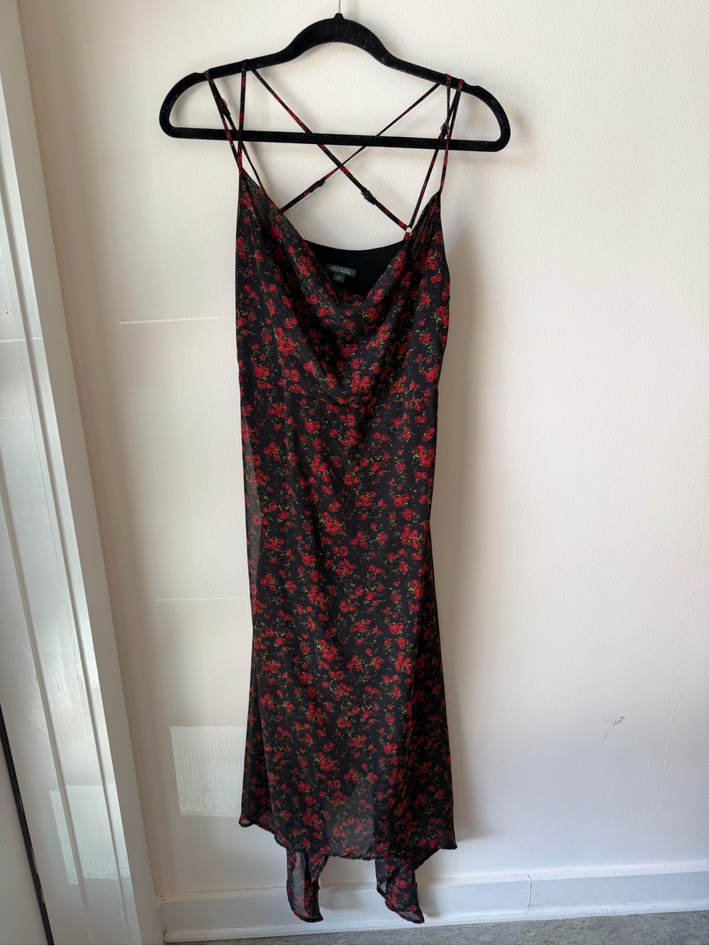 Black Slip Dress with Red Floral Print